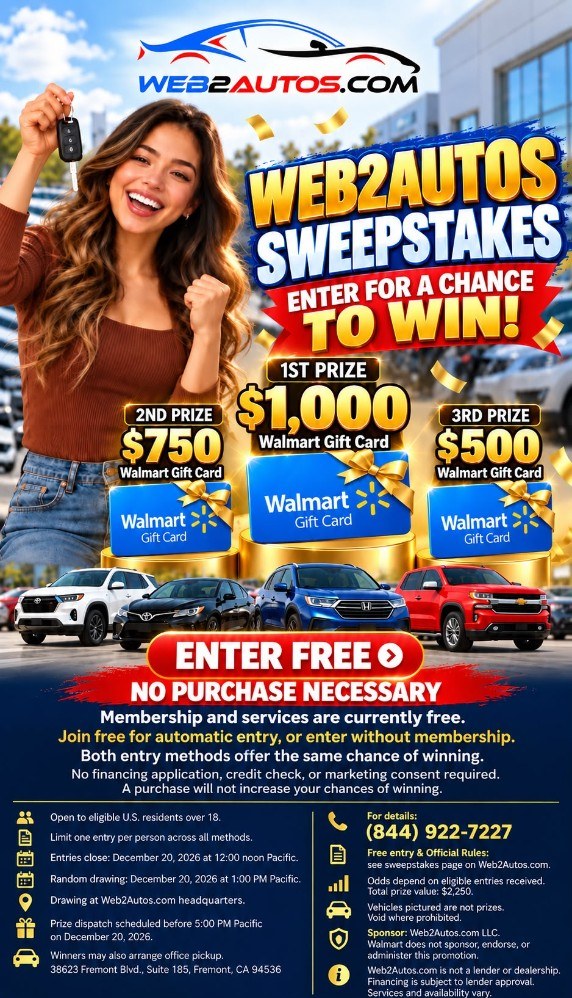 Web2Autos Sweepstakes. Enter free for a chance to win a $1,000, $750, or $500 Walmart gift card. No purchase necessary. Drawing December 20, 2026.